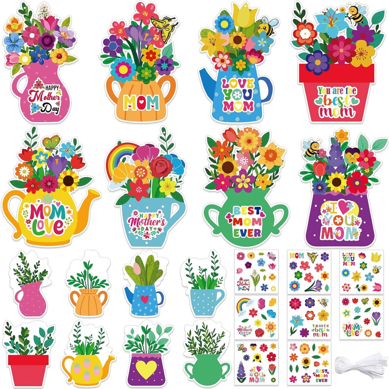 Mother’s Day Card Making Kit – 32 Floral DIY Craft Cards with Stickers, 3D Hanging Ornaments for Classrooms, Office, or Gifts for Mom, Ladies, Grandma